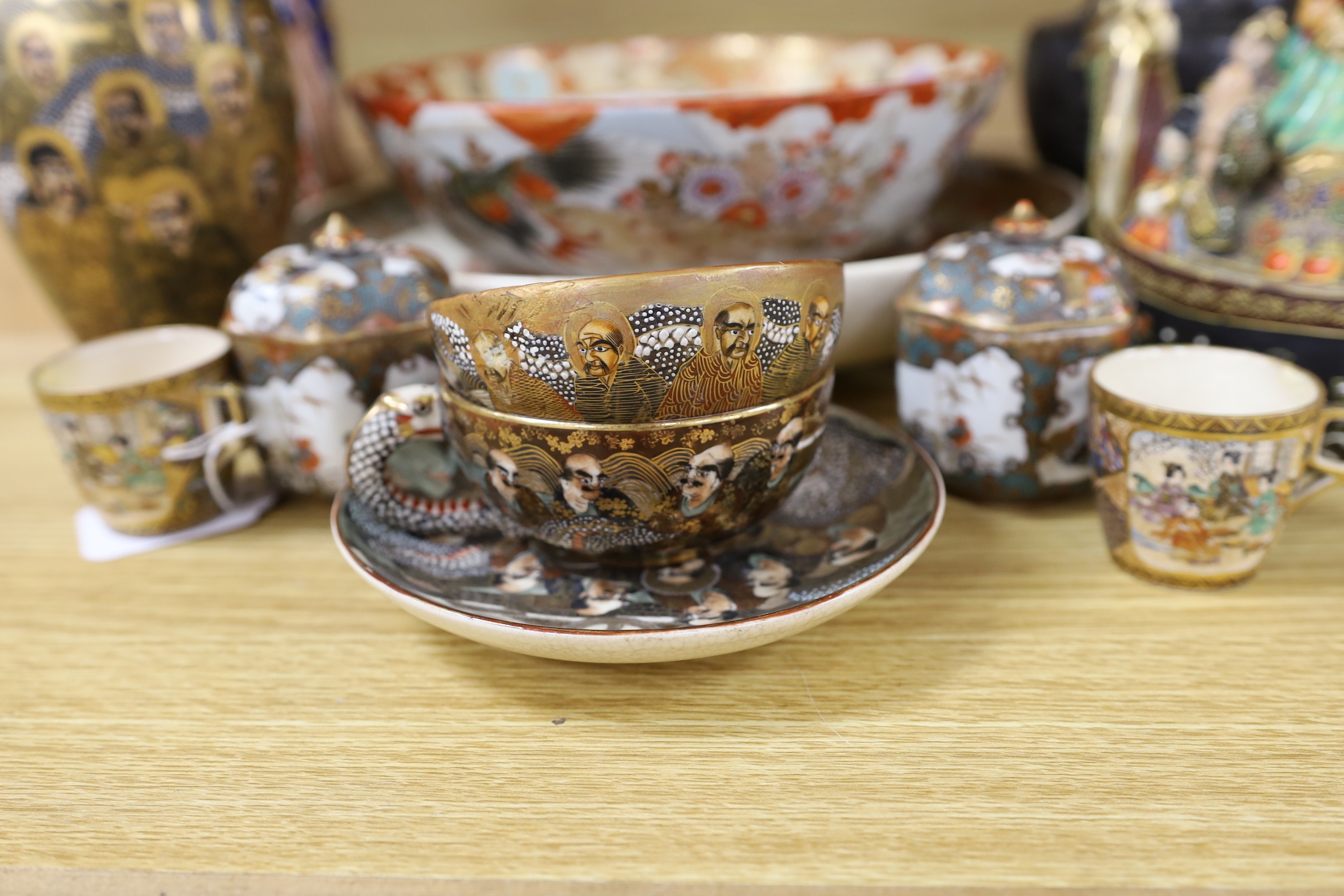 A group of various Japanese ceramics including kutani and satsuma and a similar bronze vase